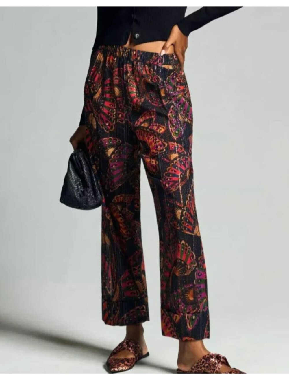 Farm Rio Anthropologie Pull On Butterfly Pants Sheer Metallic Small Vibrant